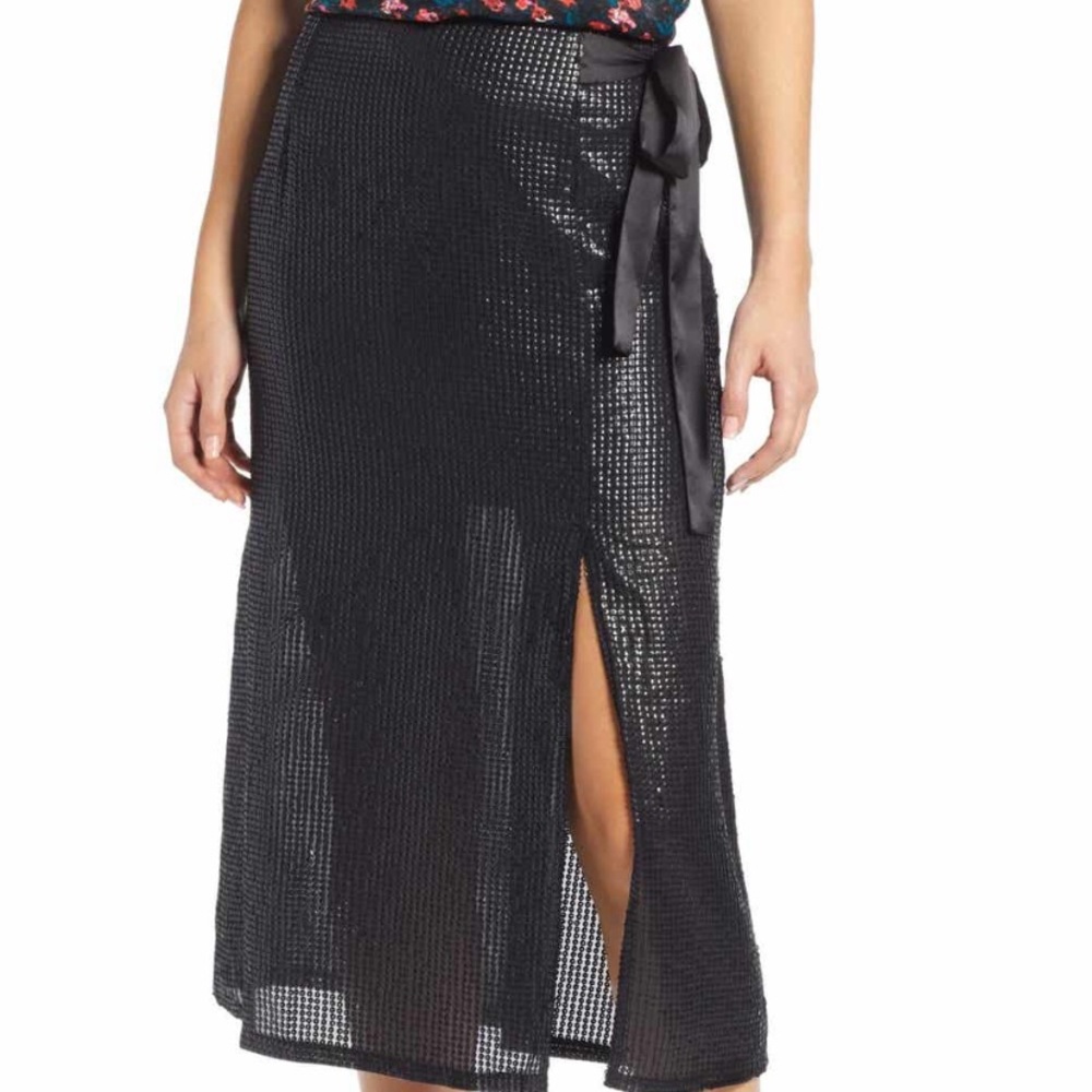 NWT Nordstrom Black Faux Wrap Midi Skirt with Embellished Sequins & Side Bow